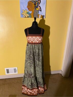 Boho Maxi Dress with Rust and Olive Print